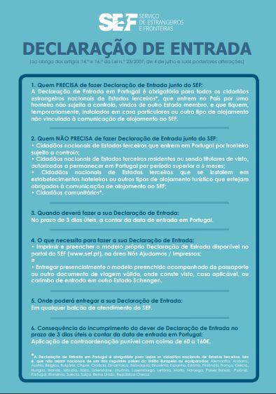 SEF Portugal - declaração de entrada no país