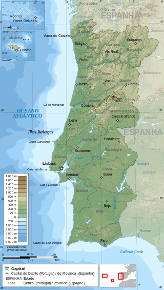 Mapa geográfico representando os distritos de Portugal. Os distritos
